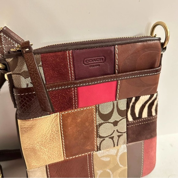 Coach Pink Brown Patchwork Leather Suede Signature Crossbody Purse Shoulder Bag - Picture 2 of 13